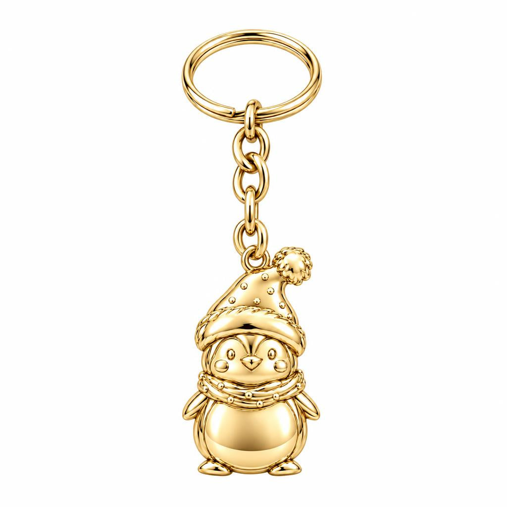 Winter Waddle Penguin Charm Keychain – 18K gold, front view