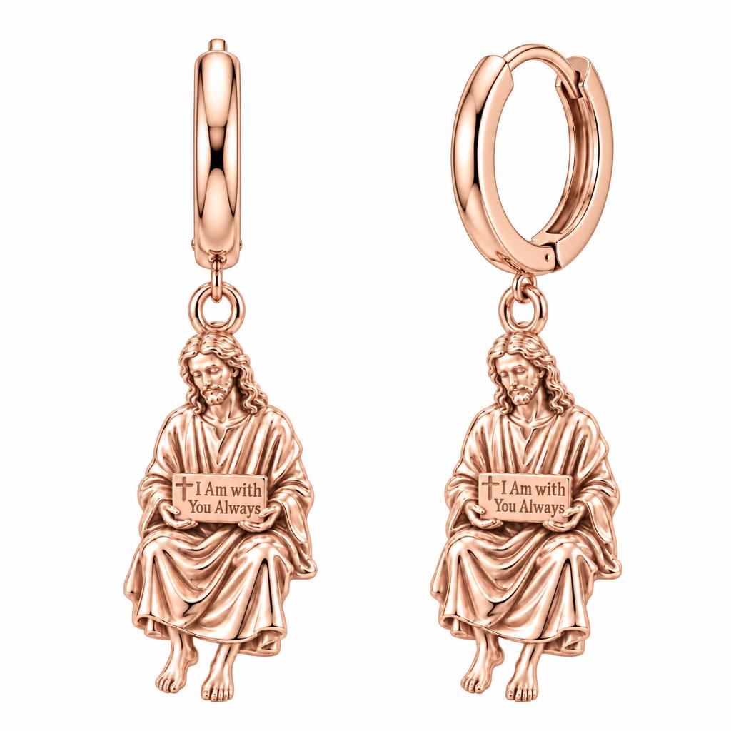 With You Always Jesus Huggie Charm Earrings – rose gold, front view