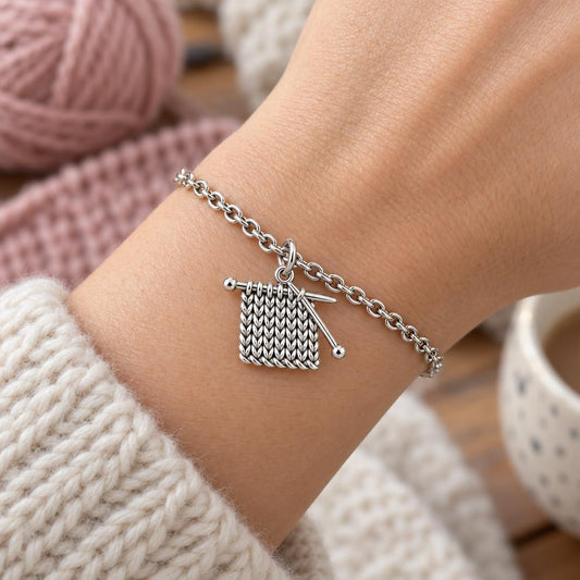 Work in Progress Knitting Charm Bracelet Set – worn / in use