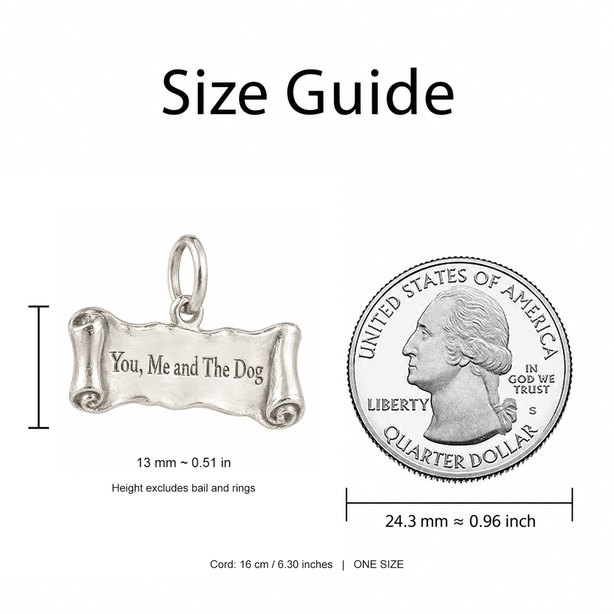 You Me and The Dog Charm | Size Guide | 13 mm body vs 24.3 mm quarter