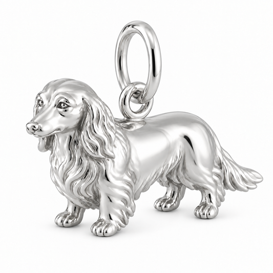 Dachshund - longhair — Standing Dog Charm and Polyester Cord Bracelet Set — Silver