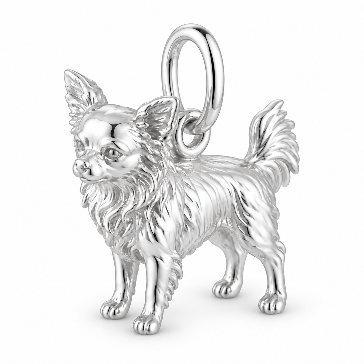 Chihuahua - long hair — Standing Dog Charm and Polyester Cord Bracelet Set — Silver