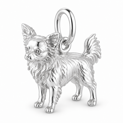 Chihuahua - long hair — Standing Dog Charm and Polyester Cord Bracelet Set — Silver