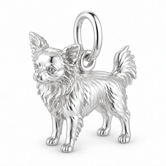 Chihuahua - long hair — Standing Dog Charm and Polyester Cord Bracelet Set — Silver