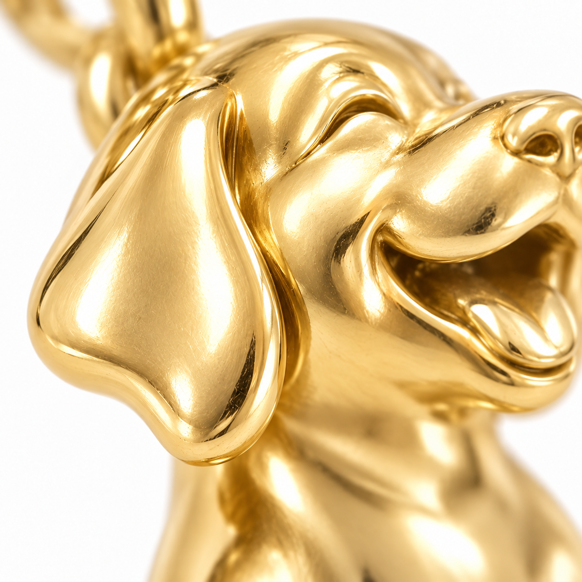 Super macro surface detail of Purest Bond - The Dog Companion Charm Necklace from a low oblique angle