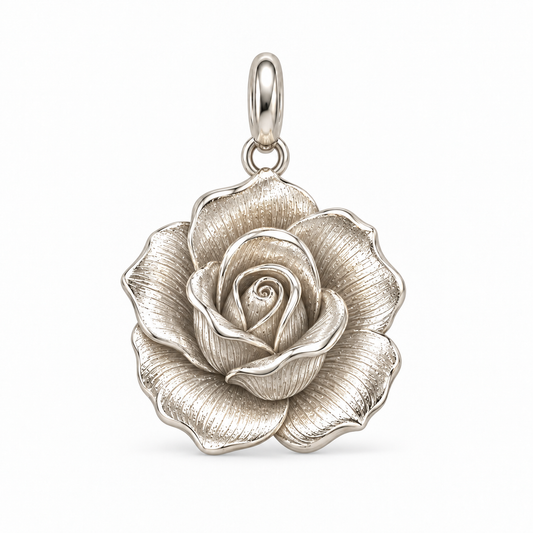 Detailed sterling silver rose flower charm with textured petals and a small round connector loop.