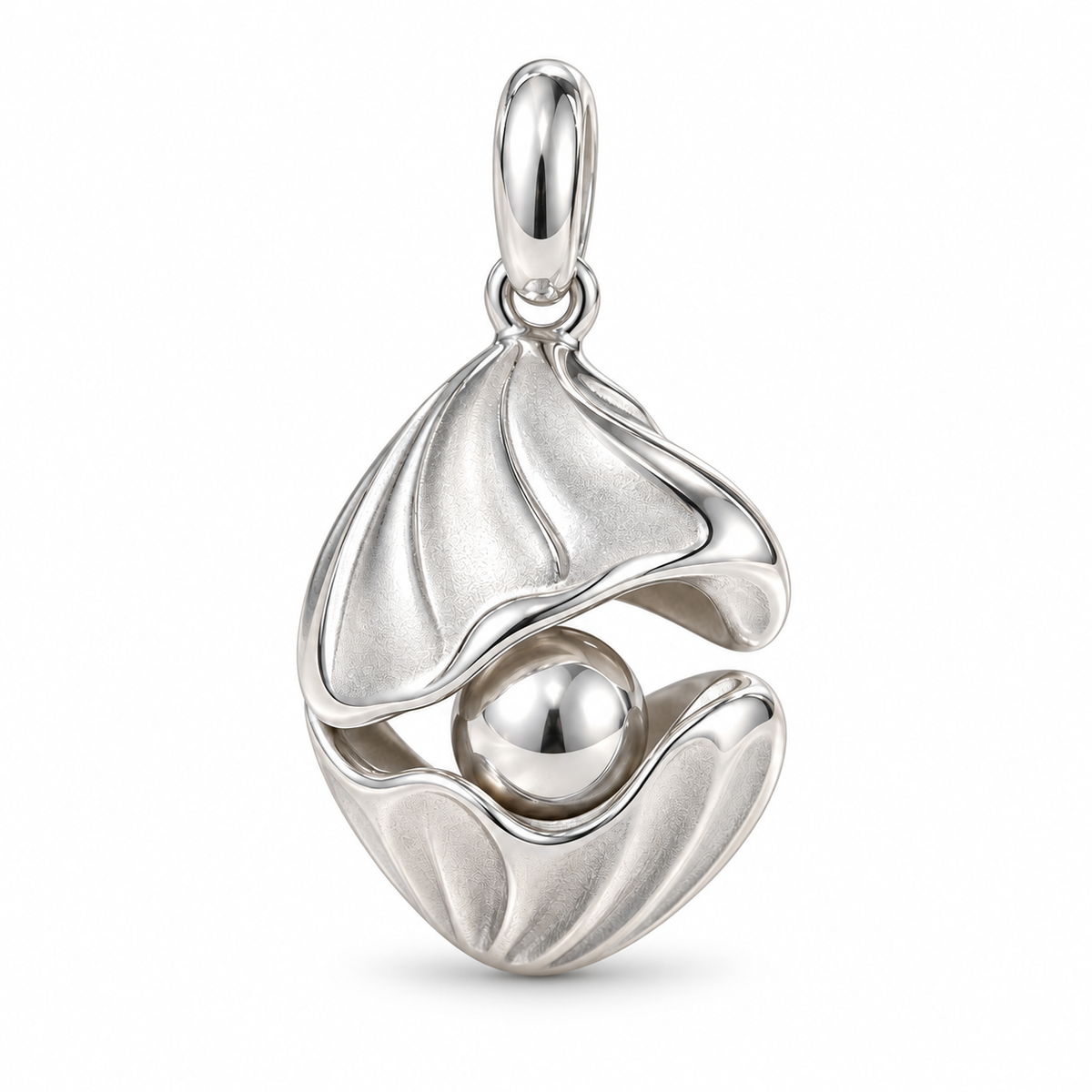 Shell and Pearl charm front view in Silver Plated finish on white background