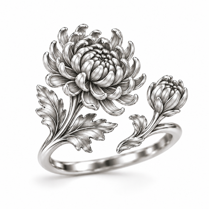 Soulyshine November Birth Flower Chrysanthemum Adjustable Silver Ring