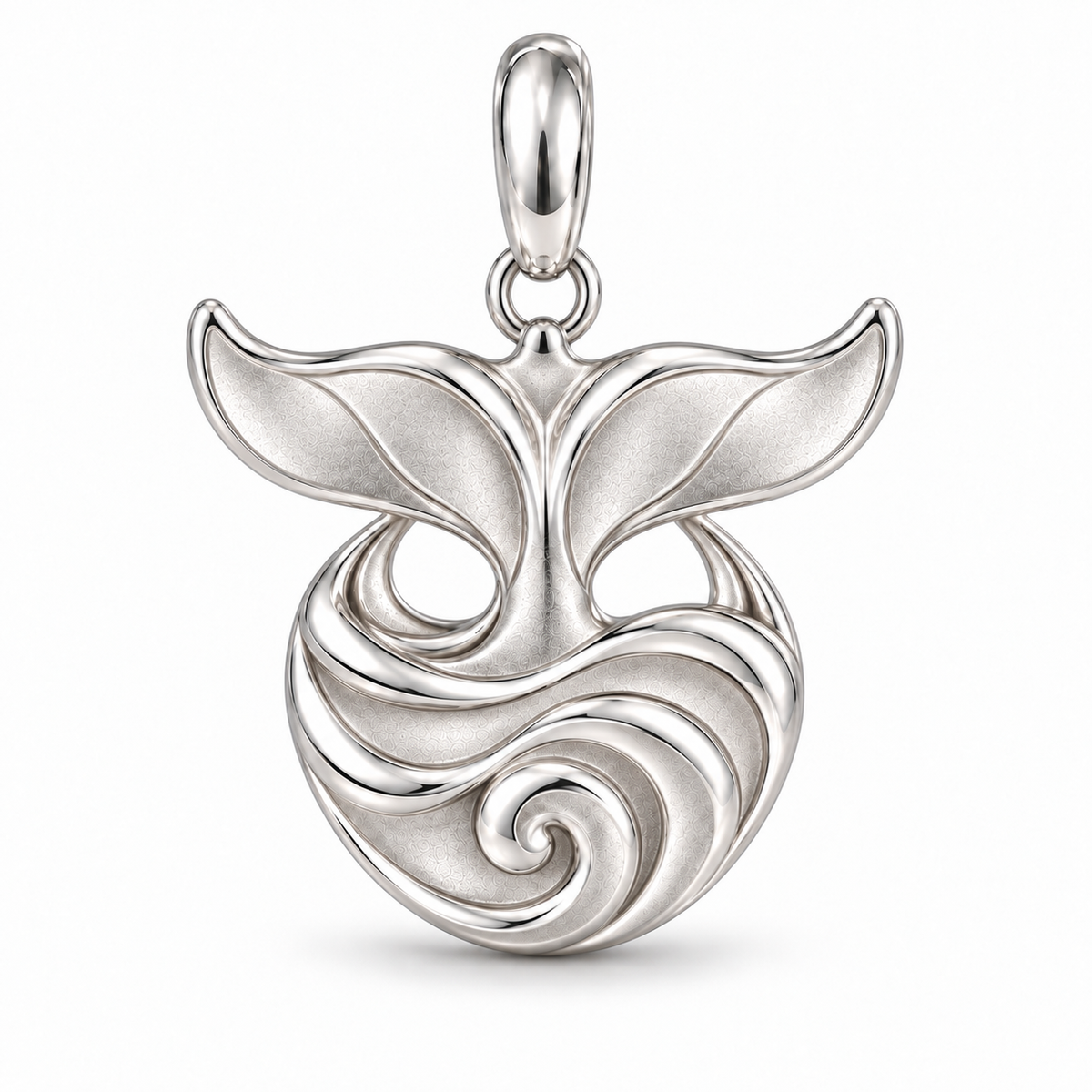 Whale Tail and Wave charm front view in Silver Plated finish on white background