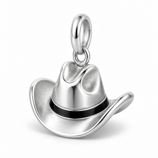 Sterling silver cowboy hat charm with black enamel band detail for a western jewelry set.