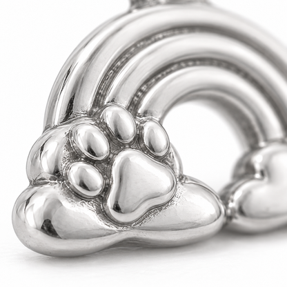 Super macro surface detail of Rainbow Bridge Paw Charm from a low oblique angle