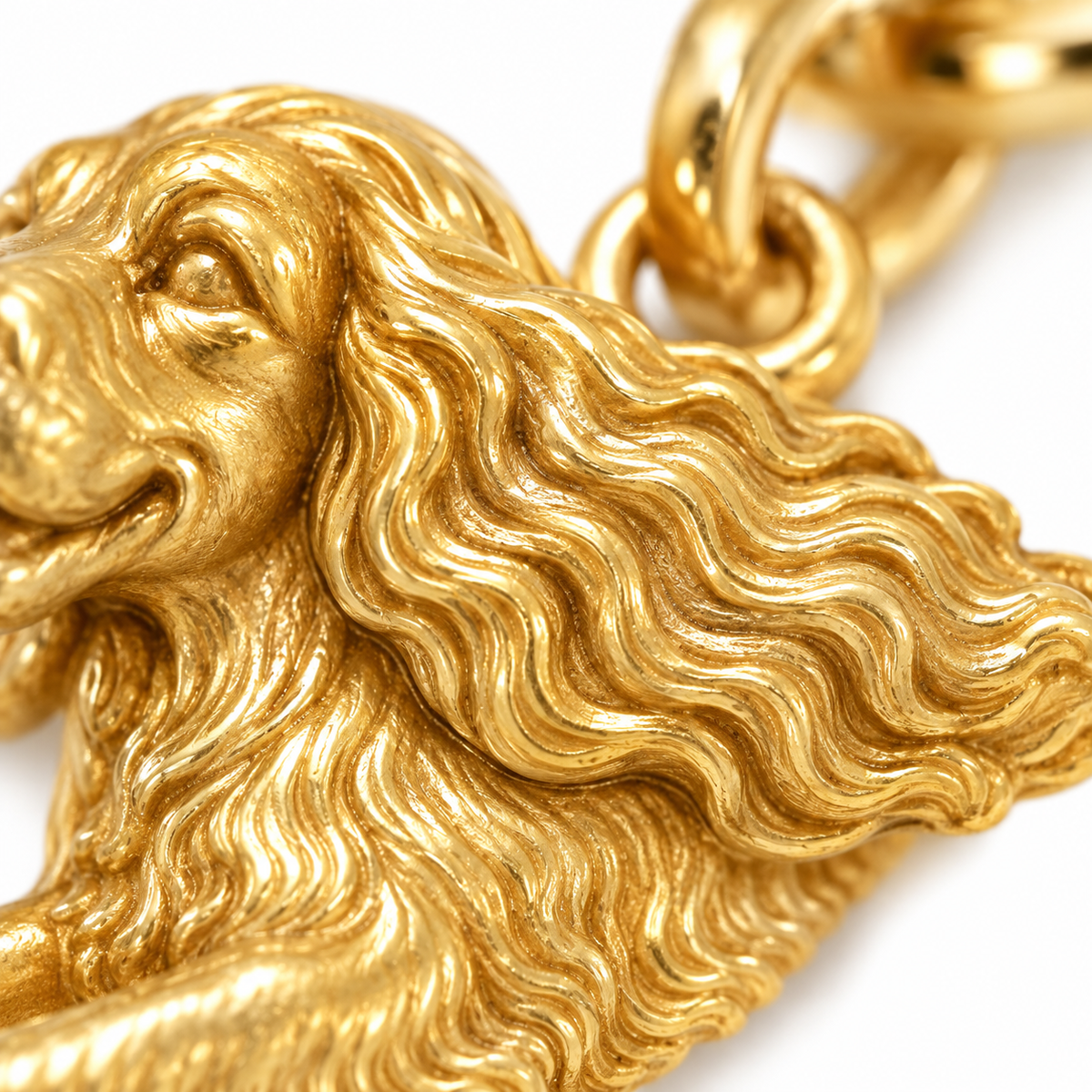 Super macro surface detail of 200+ Dog Breeds Little Love Charm Only – 18K Gold Vermeil from a low oblique angle