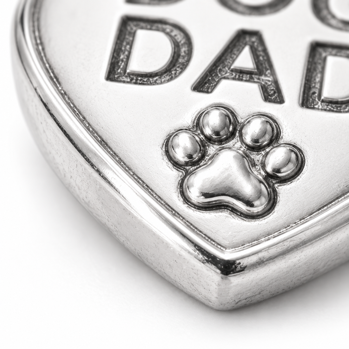 Super macro surface detail of Dog Dad Charm from a low oblique angle