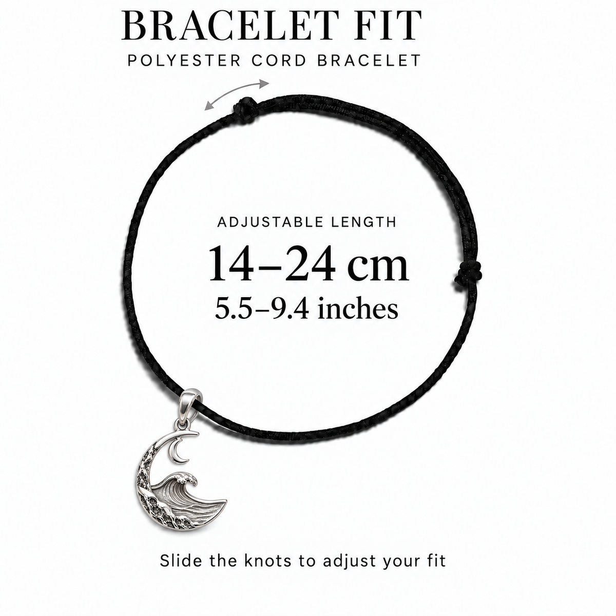 Same Moon charm with adjustable polyester cord bracelet, 14–24 cm