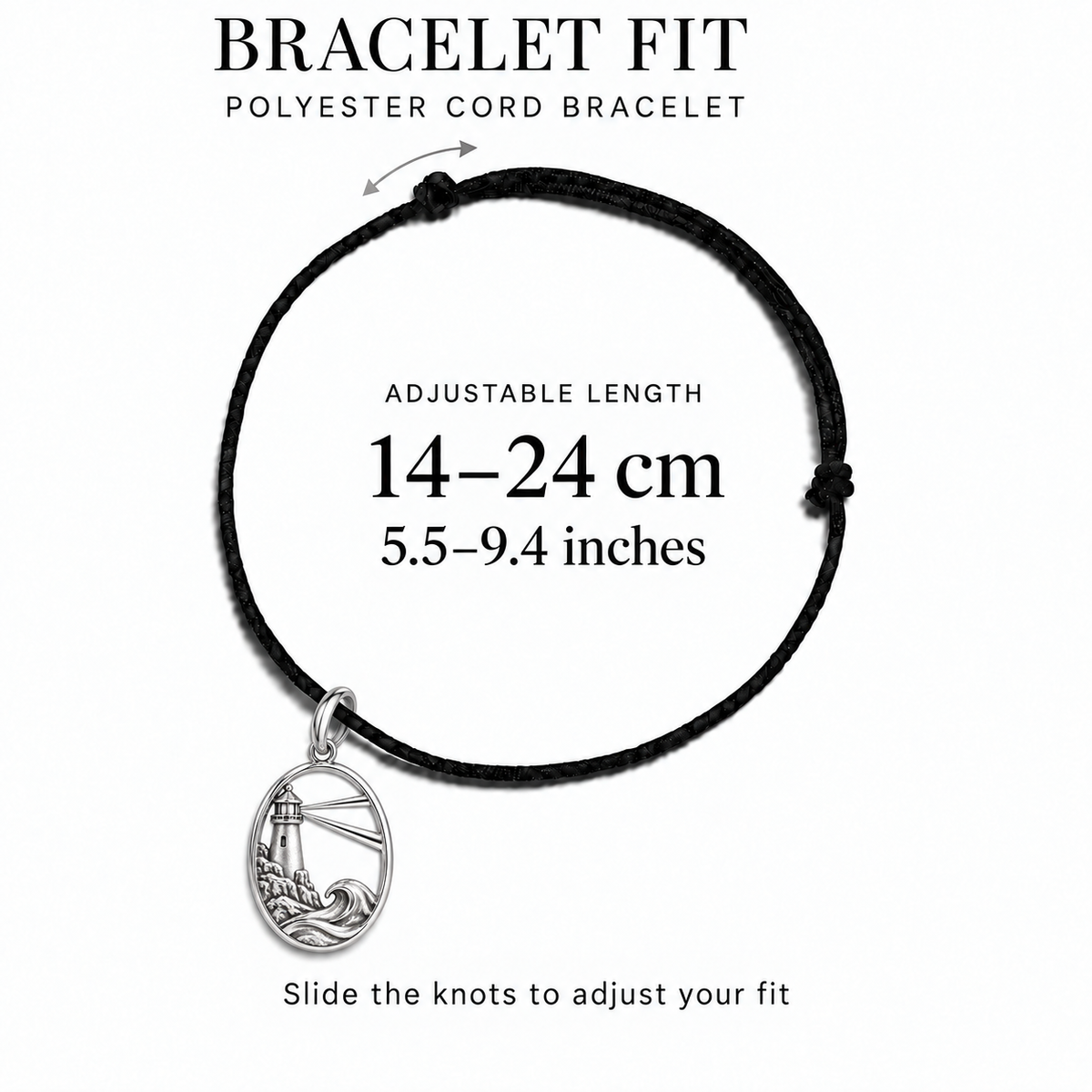 Lighthouse and Ocean Wave polyester cord bracelet adjustable fit 14–24 cm