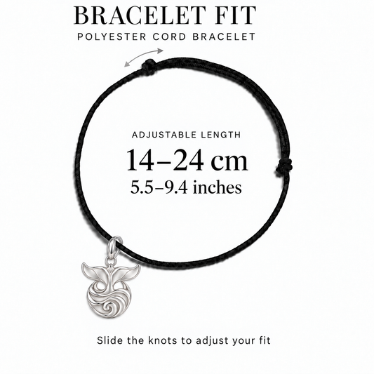 Whale Tail and Wave polyester cord bracelet adjustable fit 14–24 cm