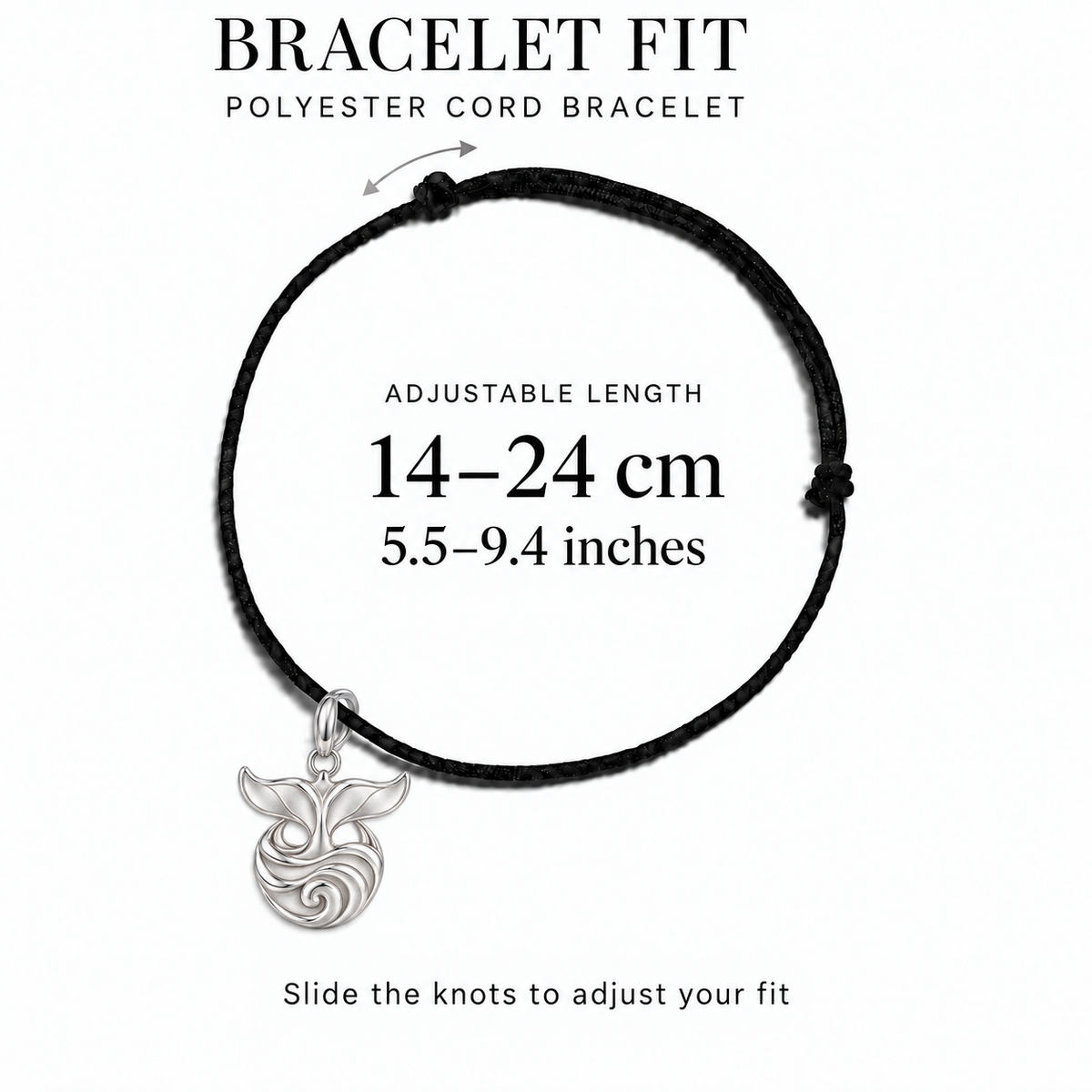 Whale Tail and Wave polyester cord bracelet adjustable fit 14–24 cm