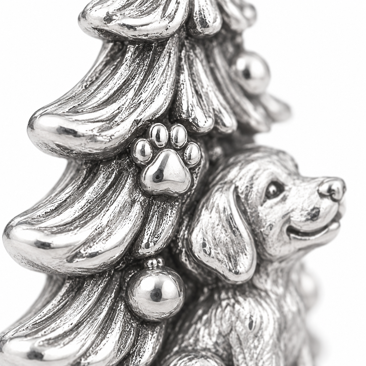 Super macro surface detail of Christmas Together Charm from a low oblique angle