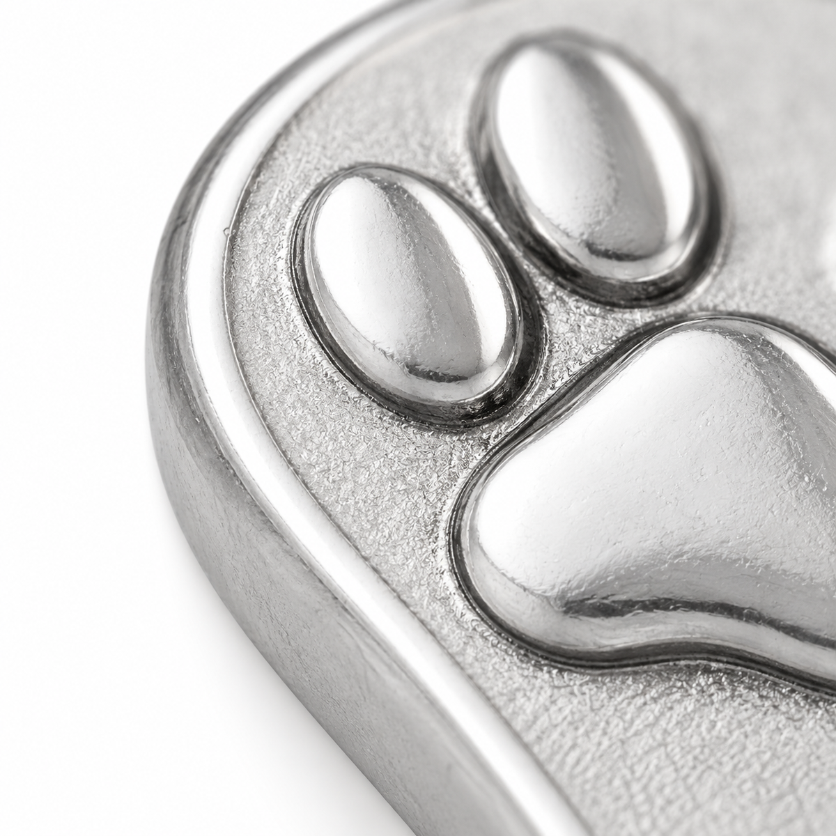 Super macro surface detail of Pawprint Journey Charm from a low oblique angle