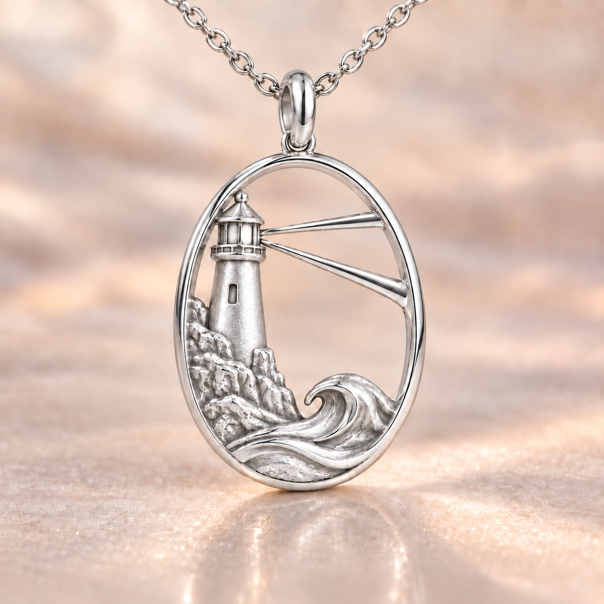 Lighthouse and Ocean Wave charm close-up on soft satin