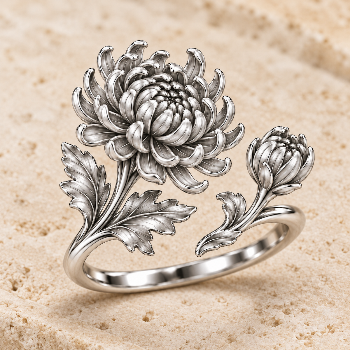 Soulyshine November Birth Flower Chrysanthemum Adjustable Silver Ring