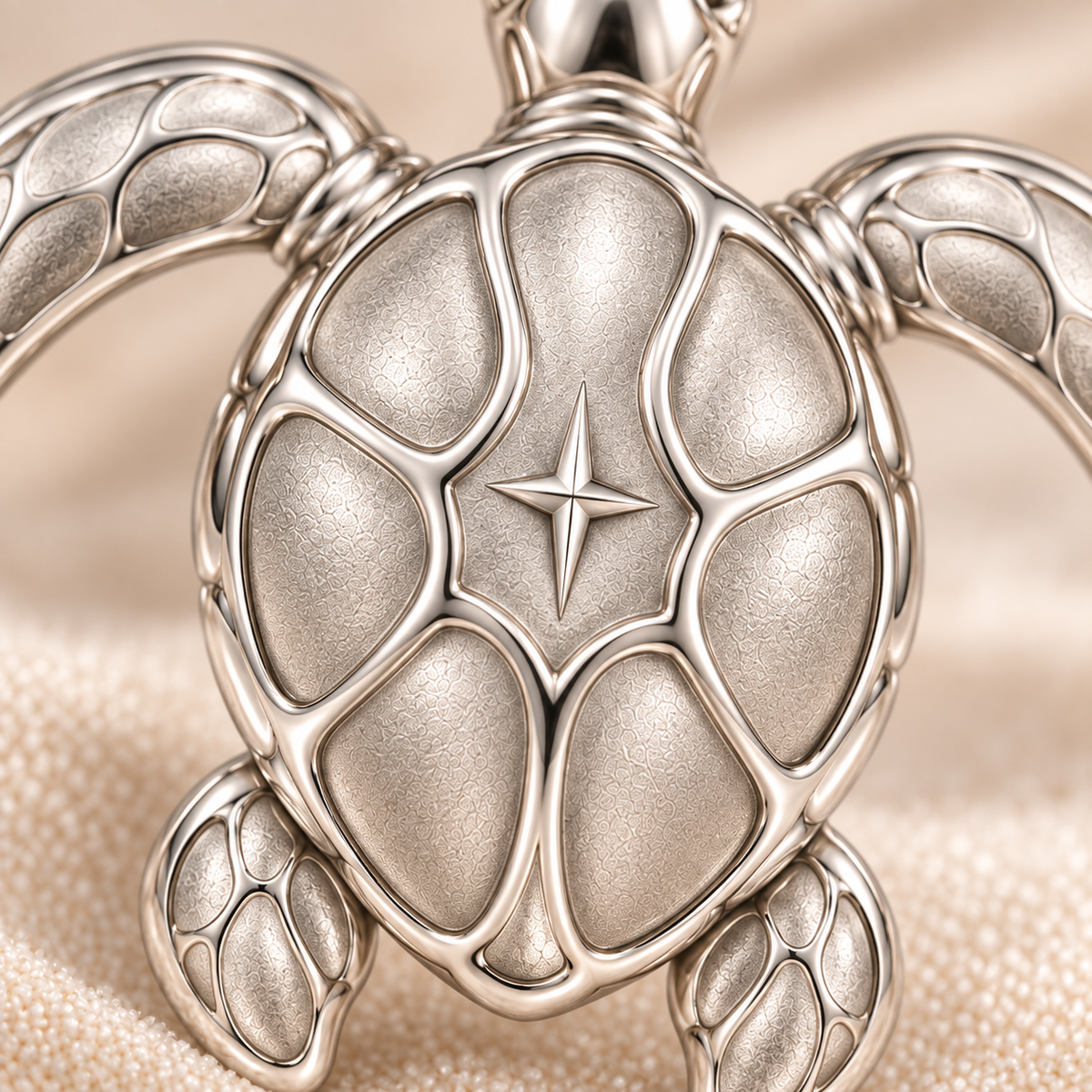 Close-up detail of the guiding compass star and textured sea turtle shell