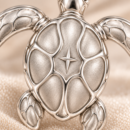 Close-up detail of the guiding compass star and textured sea turtle shell
