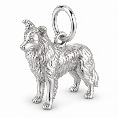 Border Collie - rough coat — Standing Dog Charm and Polyester Cord Bracelet Set — Silver