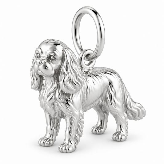 Cavalier King Charles Spaniel — Standing Dog Charm and Polyester Cord Bracelet Set — Silver
