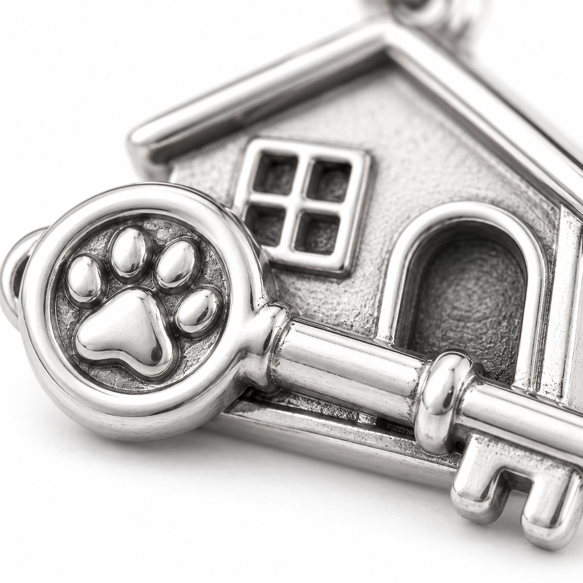 Super macro surface detail of Home Is Where the Paw Is Charm from a low oblique angle