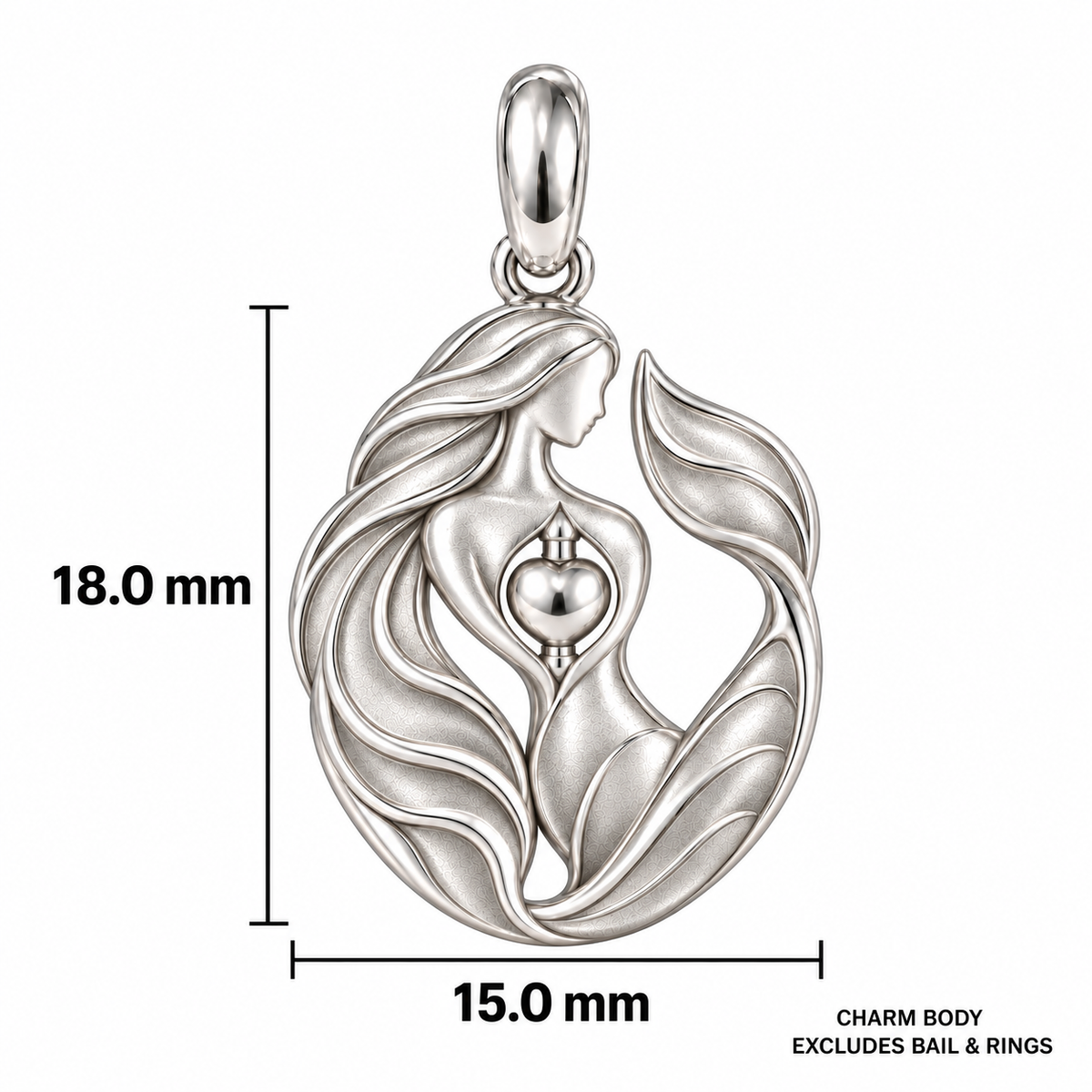 Mermaid charm dimensions: 15 mm wide and 18 mm high excluding bail and rings