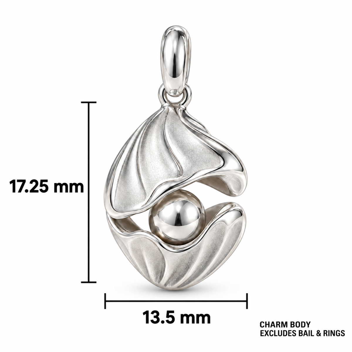 Shell and Pearl charm dimensions: 13.5 mm wide and 17.25 mm high excluding bail and rings