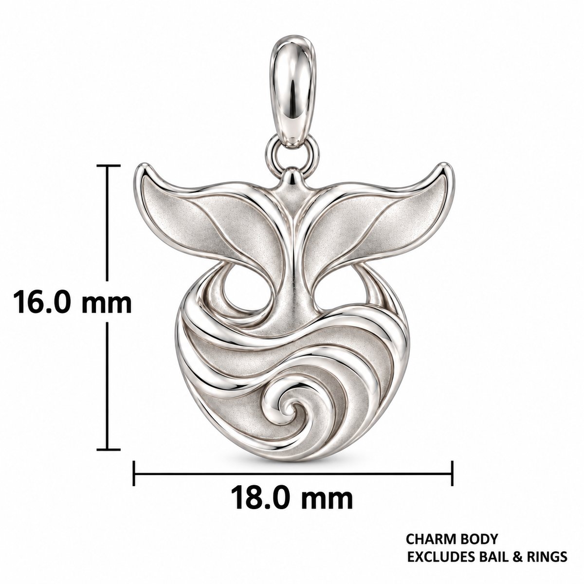 Whale Tail and Wave charm dimensions: 18 mm wide and 16 mm high excluding bail and rings