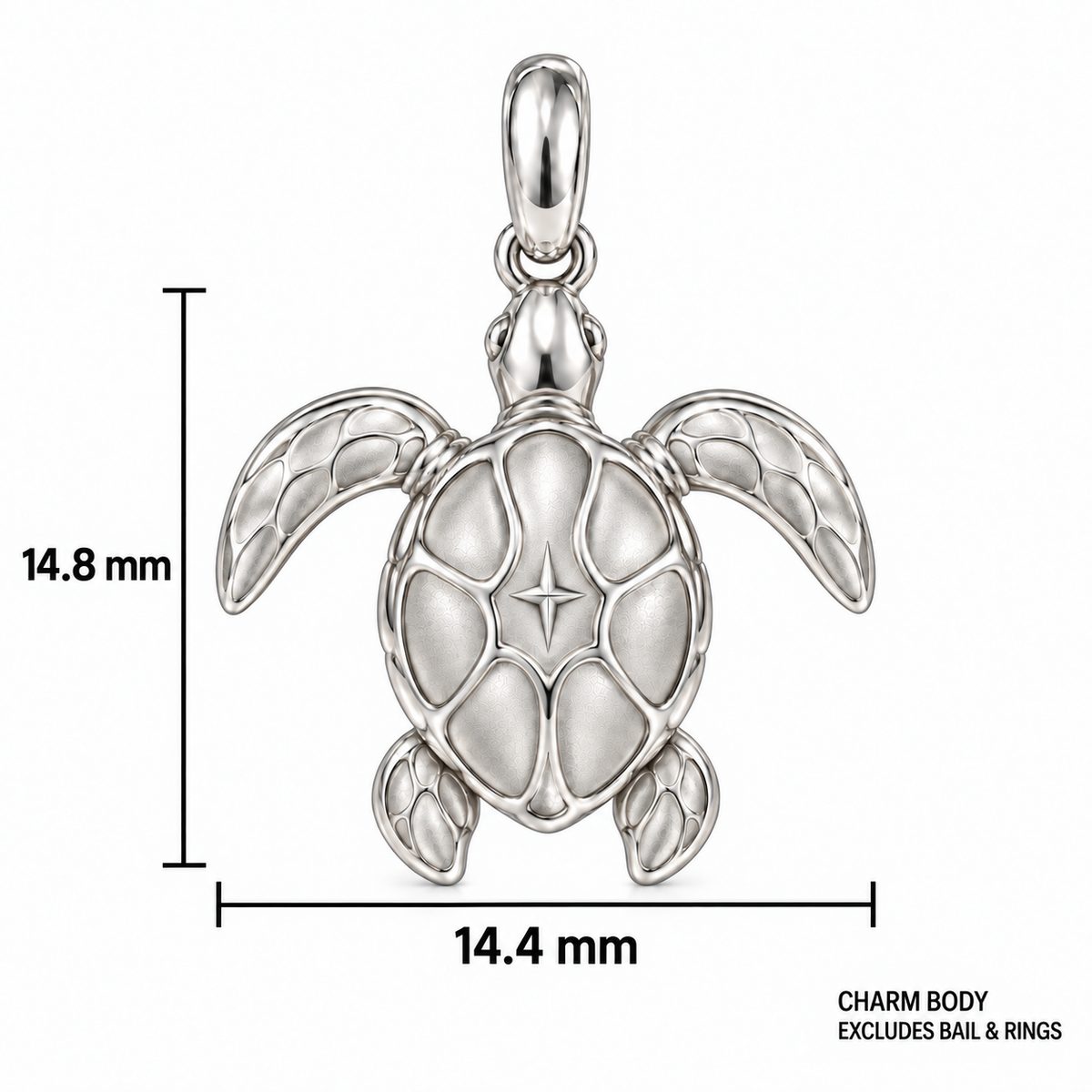 Sea Turtle charm dimensions: 14.4 mm wide and 14.8 mm high excluding bail and rings