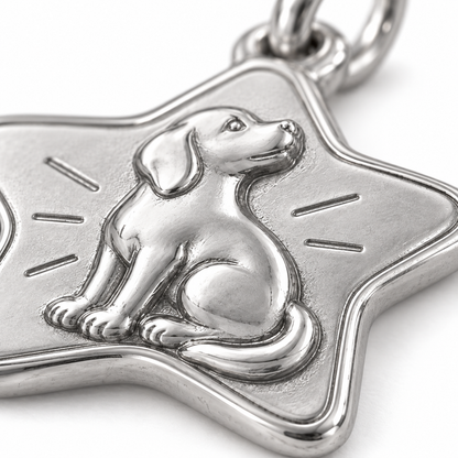 Super macro surface detail of Shining Star Pup Charm from a low oblique angle