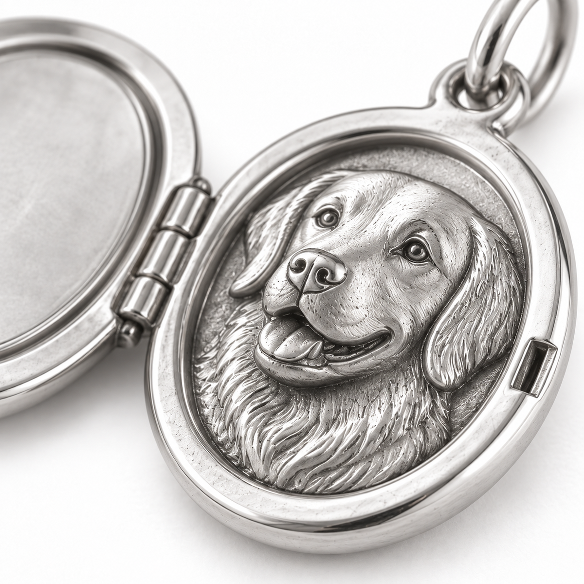 Super macro surface detail of Cherished Companion Locket Charm from a low oblique angle