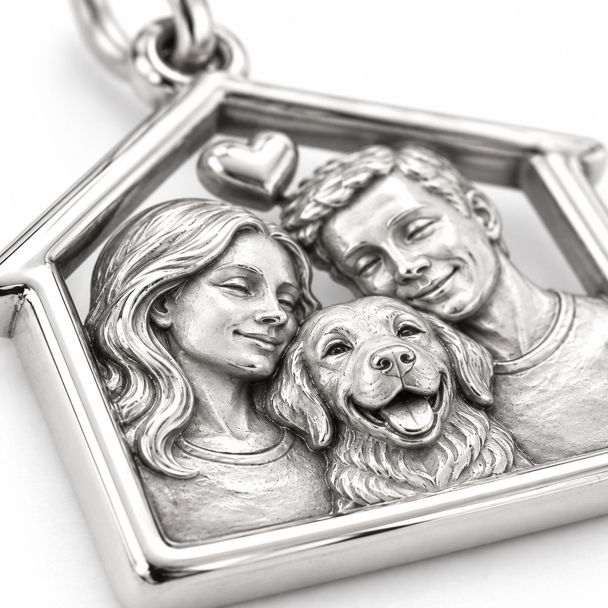 Super macro surface detail of Home Is Family Charm from a low oblique angle