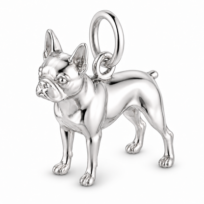 Boston Terrier — Standing Dog Charm and Polyester Cord Bracelet Set — Silver
