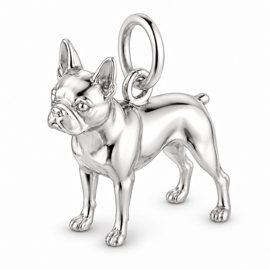 Boston Terrier — Standing Dog Charm and Polyester Cord Bracelet Set — Silver