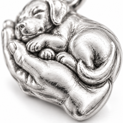 Super macro surface detail of Safe in Your Hands Charm from a low oblique angle