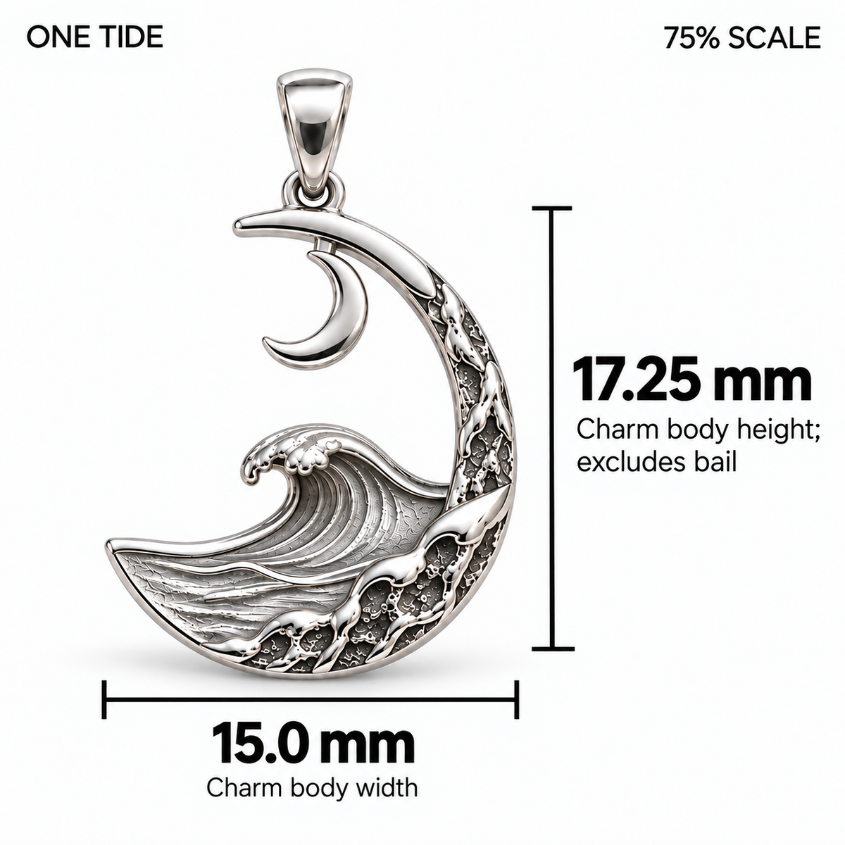One Tide charm dimensions: 15 mm wide and 17.25 mm high excluding bail