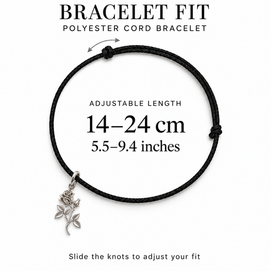 Black polyester cord bracelet with adjustable sliding knots featuring a silver rose flower charm.