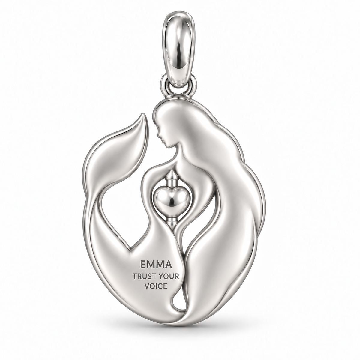 Mermaid charm back engraving personalized with Emma and Trust Your Voice