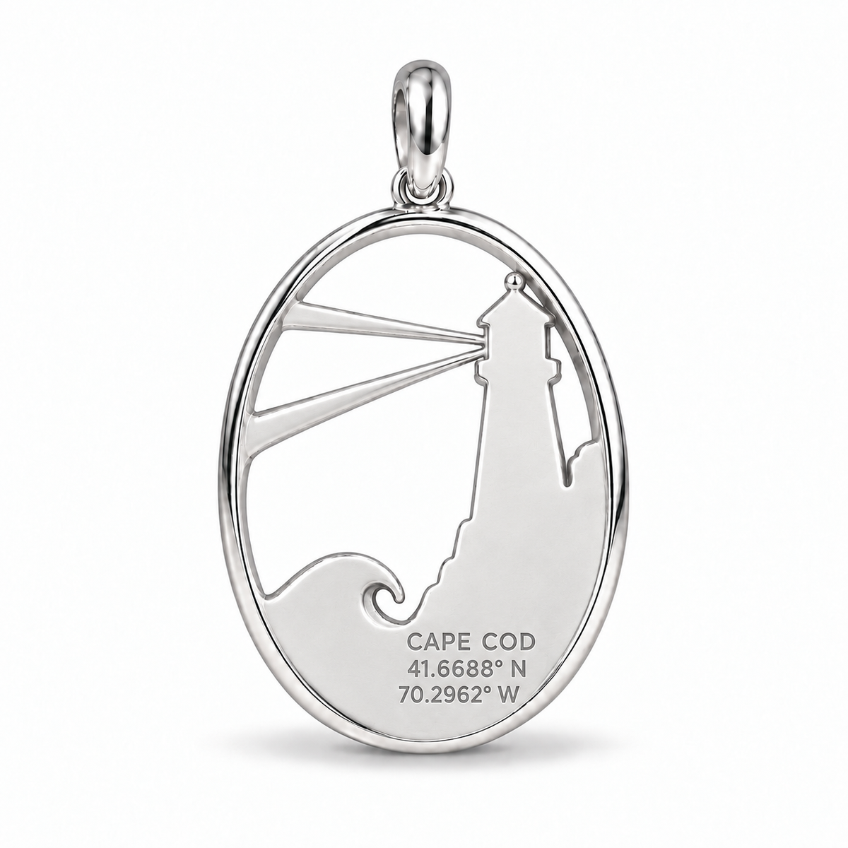 Lighthouse charm back engraving personalized with Cape Cod coordinates