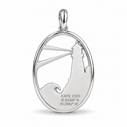 Lighthouse charm back engraving personalized with Cape Cod coordinates