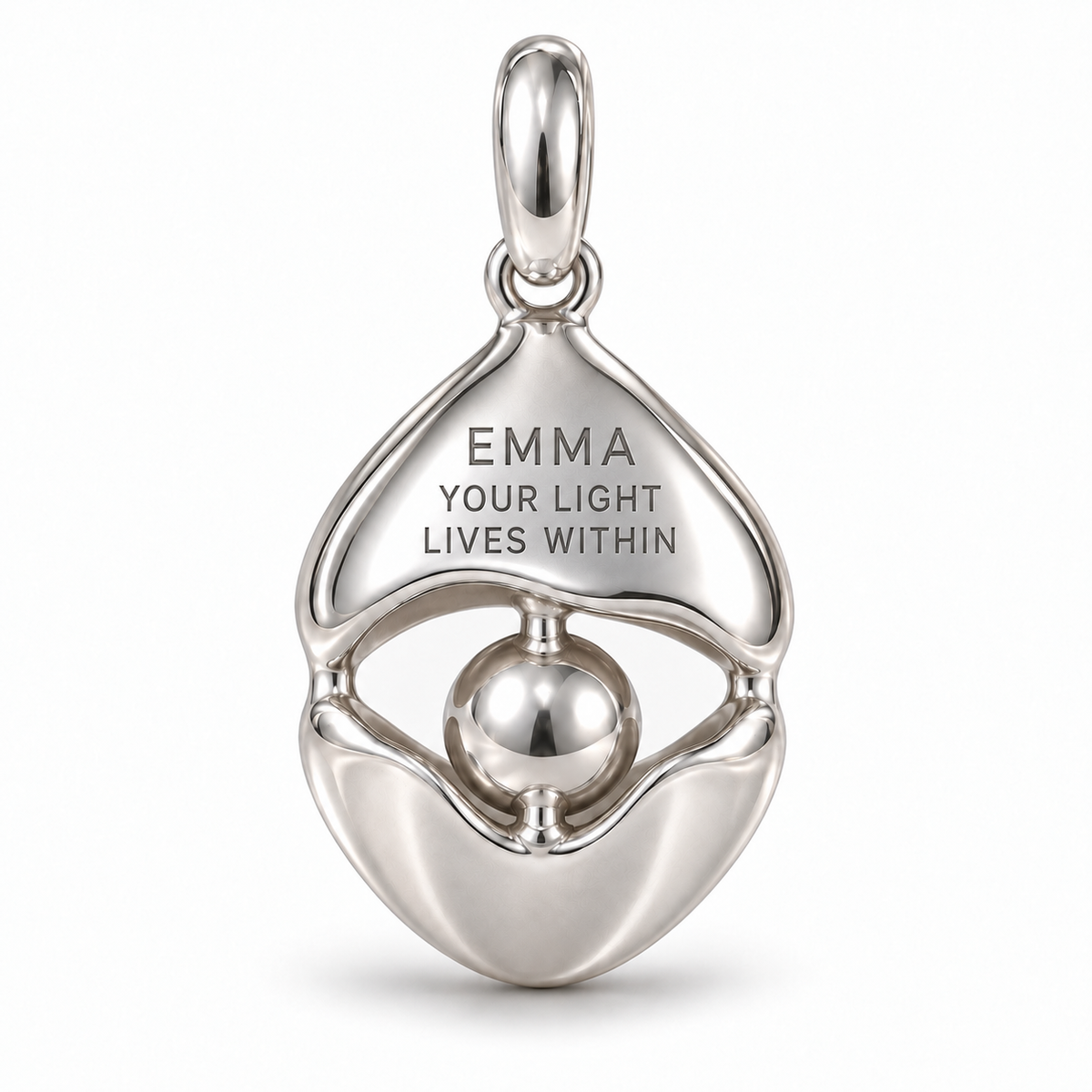 Shell and Pearl charm back engraved with Emma and Your Light Lives Within