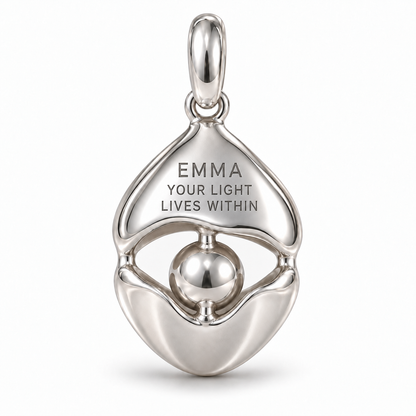 Shell and Pearl charm back engraved with Emma and Your Light Lives Within