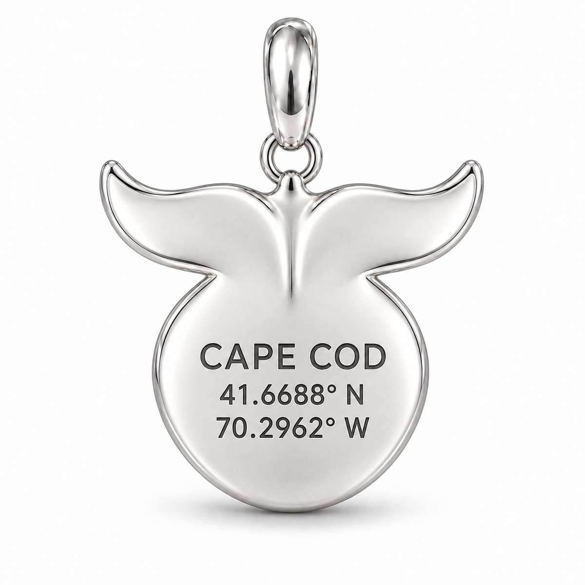 Whale Tail charm back engraving personalized with Cape Cod coordinates
