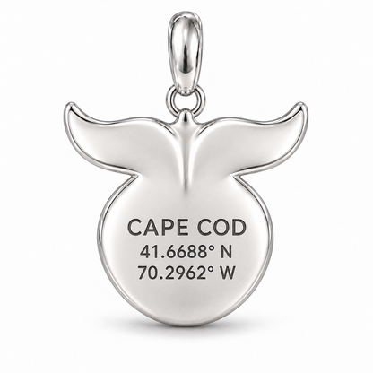 Whale Tail charm back engraving personalized with Cape Cod coordinates