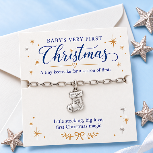 Baby's First Christmas — Tiny Stocking Keepsake Charm and Polyester Cord Bracelet Set